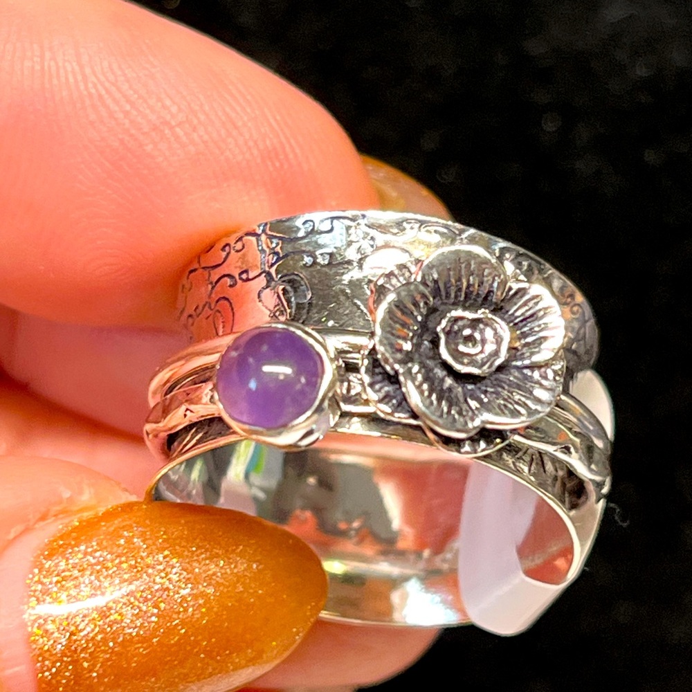 Genuine Amethyst/Sterling silver wide BAND “fidget” spinner ring NWT